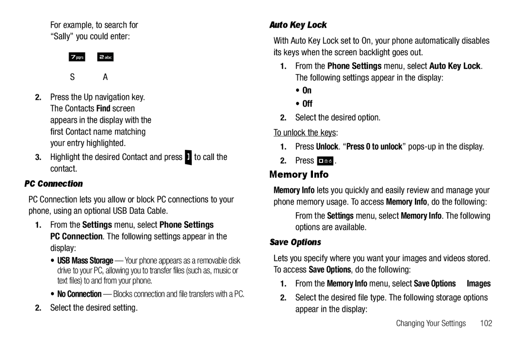 Samsung GH68-25523A user manual PC Connection, Auto Key Lock, Save Options 