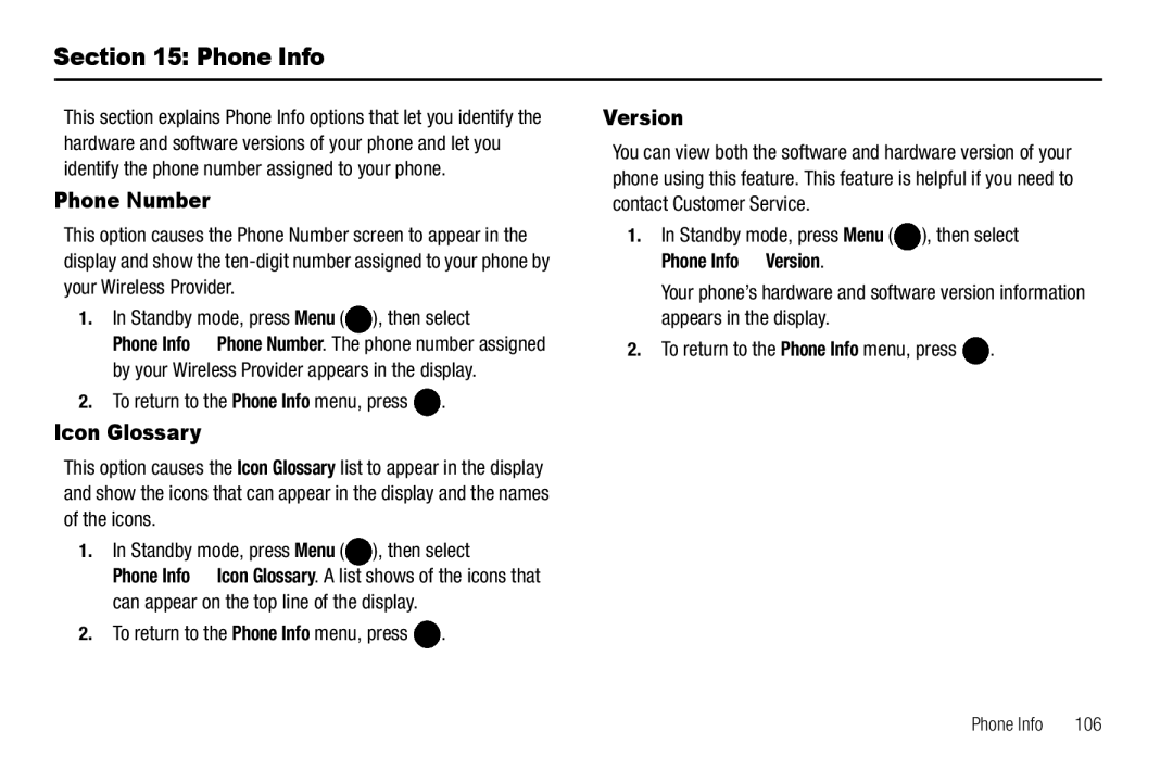 Samsung GH68-25523A user manual Phone Info, Phone Number, Icon Glossary, Version 