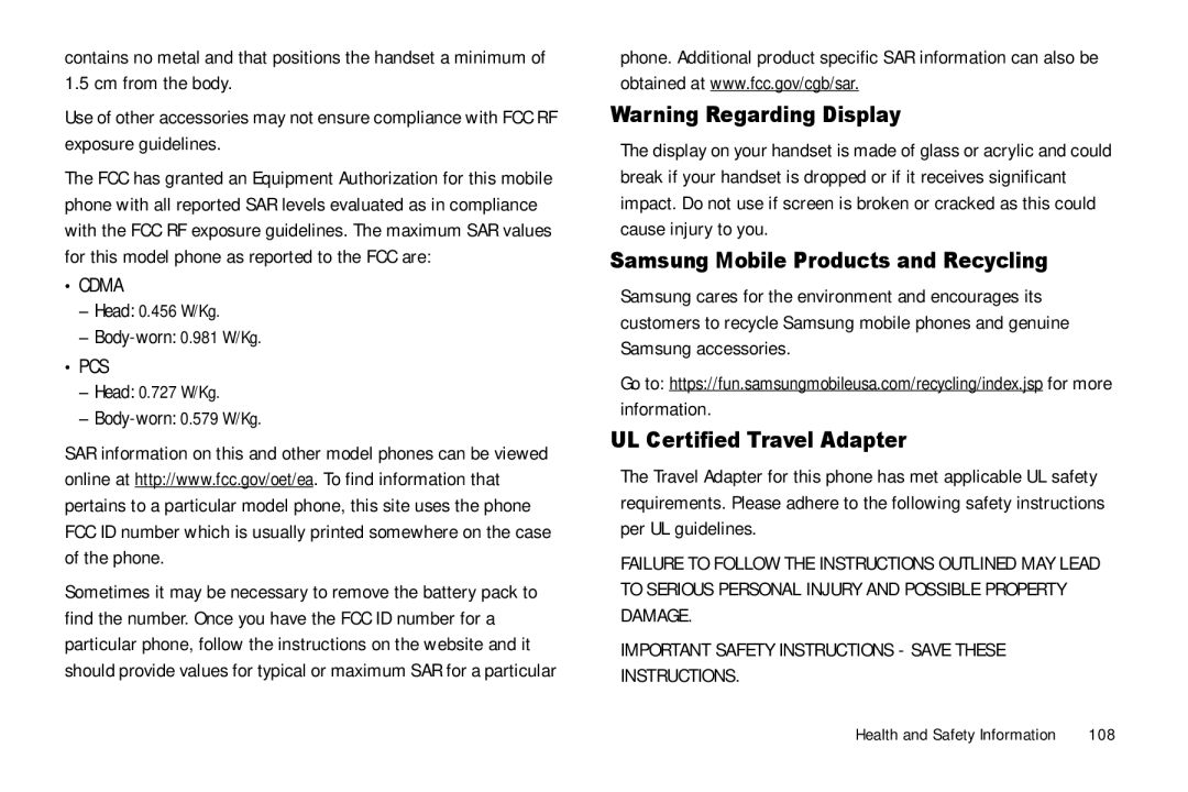 Samsung GH68-25523A user manual Samsung Mobile Products and Recycling, UL Certified Travel Adapter, Body-worn 0.981 W/Kg 