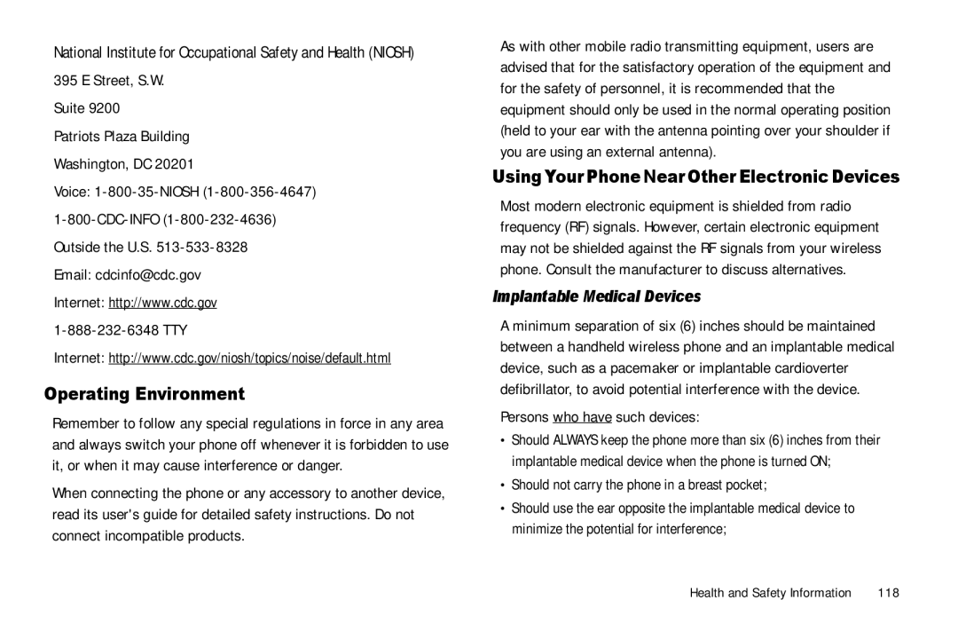 Samsung GH68-25523A Operating Environment, Using Your Phone Near Other Electronic Devices, Implantable Medical Devices 