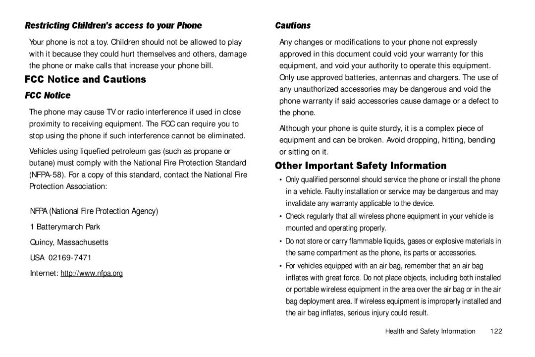 Samsung GH68-25523A FCC Notice and Cautions, Other Important Safety Information, Nfpa National Fire Protection Agency 