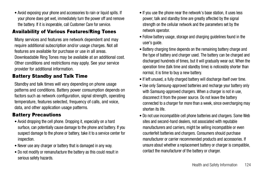 Samsung GH68-25523A Availability of Various Features/Ring Tones, Battery Standby and Talk Time, Battery Precautions 