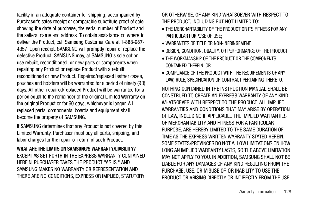 Samsung GH68-25523A user manual 128, What are the Limits on Samsungs WARRANTY/LIABILITY? 