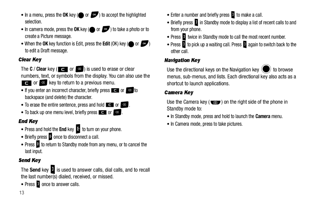 Samsung GH68-25523A user manual Clear Key, End Key, Send Key, Navigation Key, Camera Key 