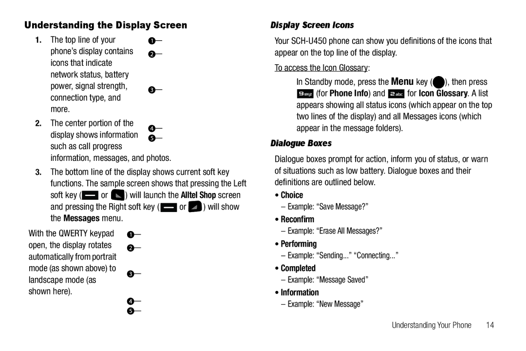 Samsung GH68-25523A user manual Understanding the Display Screen, Display Screen Icons, Dialogue Boxes 