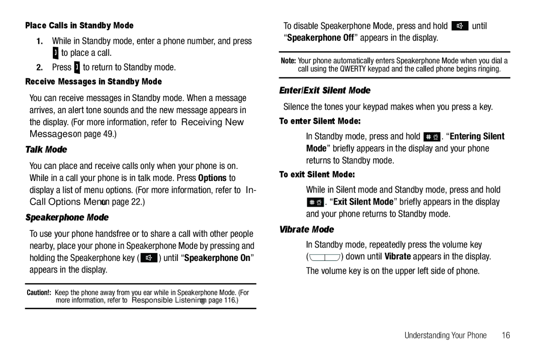 Samsung GH68-25523A user manual Talk Mode, Speakerphone Mode, Enter/Exit Silent Mode, Vibrate Mode 