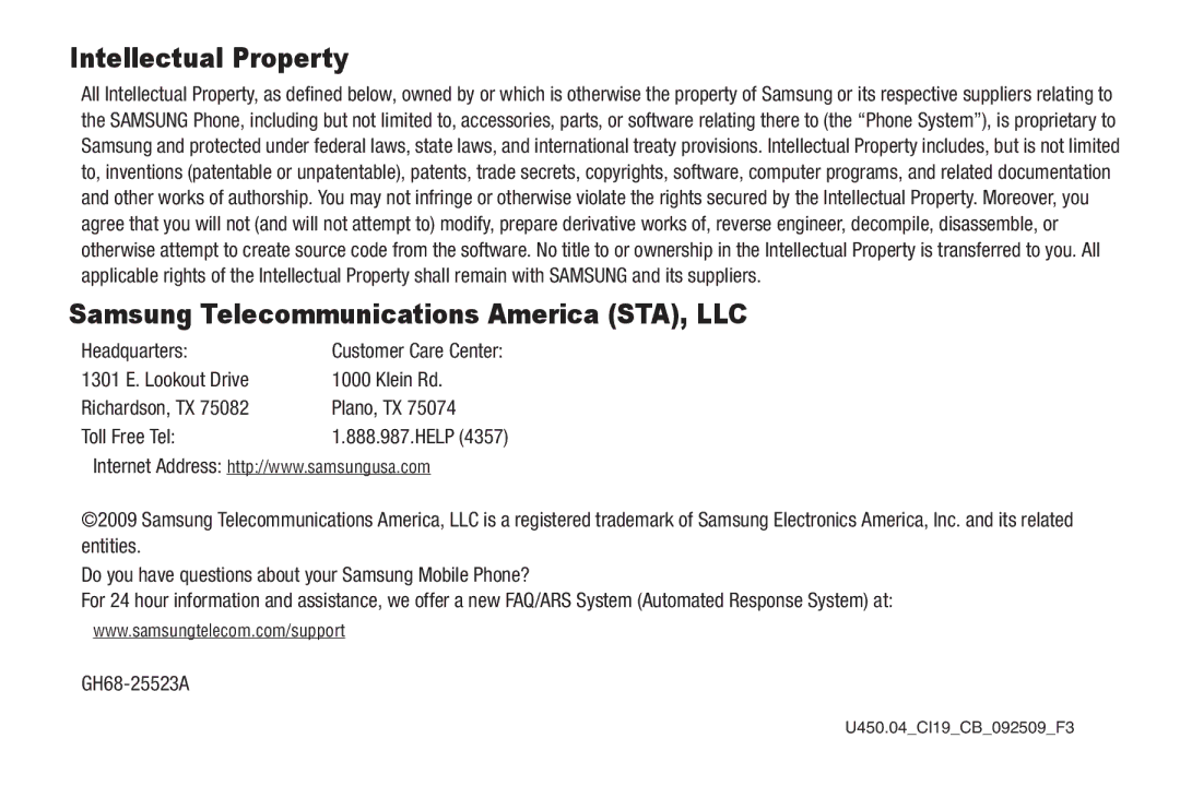 Samsung GH68-25523A user manual Intellectual Property, Headquarters 