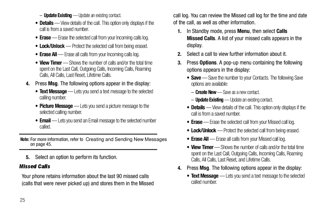 Samsung GH68-25523A user manual Missed Calls, Erase All Erase all calls from your Incoming calls log 