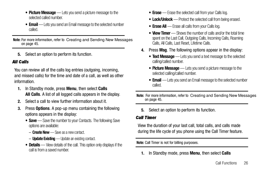 Samsung GH68-25523A user manual All Calls, Erase All Erase all calls from your Calls log, Call Timer 