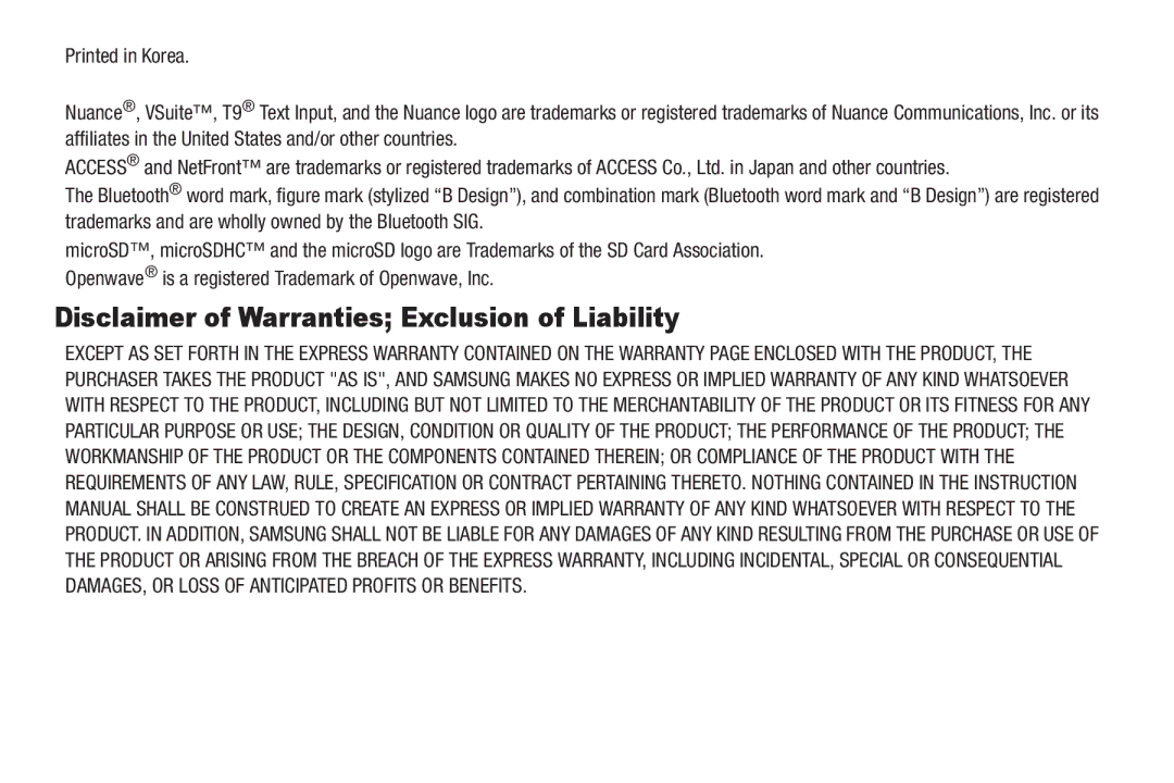 Samsung GH68-25523A user manual Disclaimer of Warranties Exclusion of Liability 