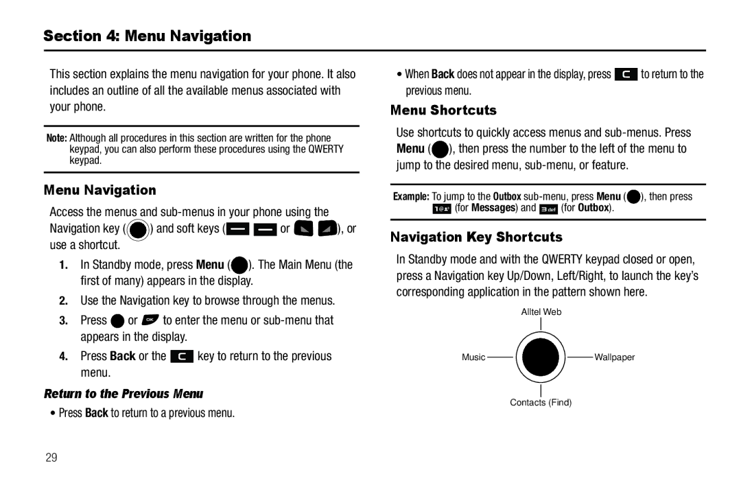 Samsung GH68-25523A user manual Menu Navigation, Menu Shortcuts, Navigation Key Shortcuts, Return to the Previous Menu 