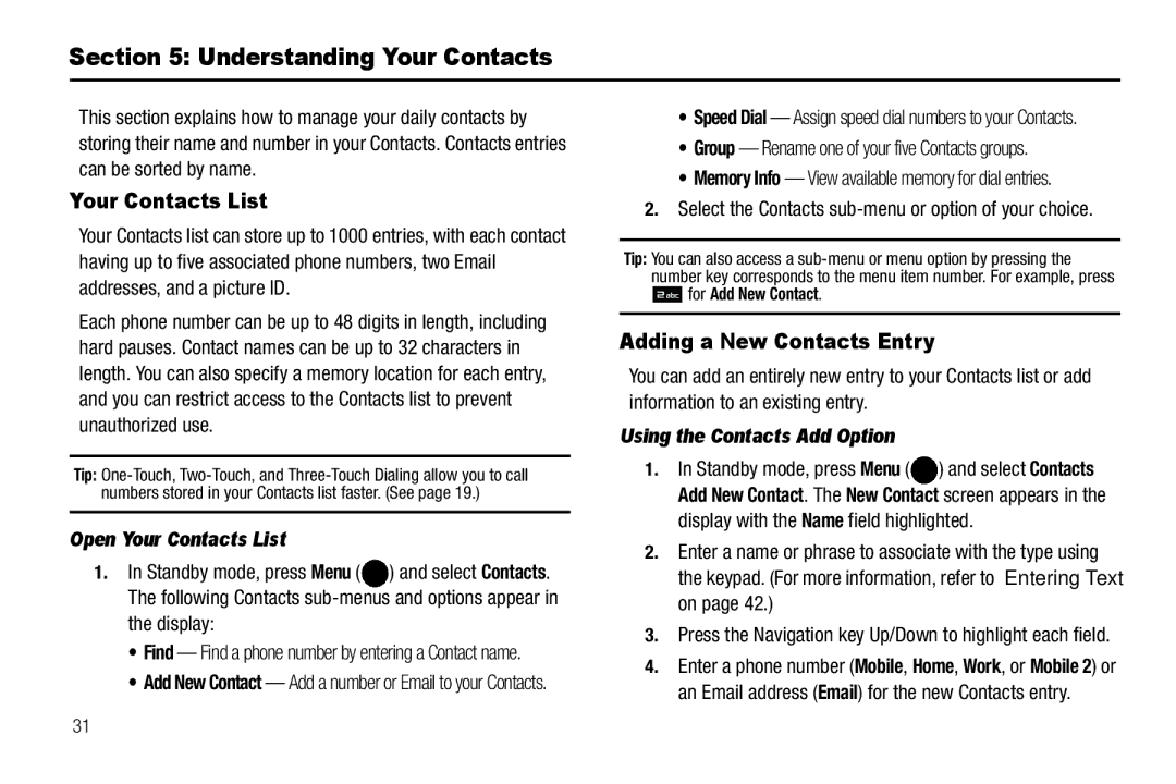 Samsung GH68-25523A user manual Understanding Your Contacts, Adding a New Contacts Entry, Open Your Contacts List 