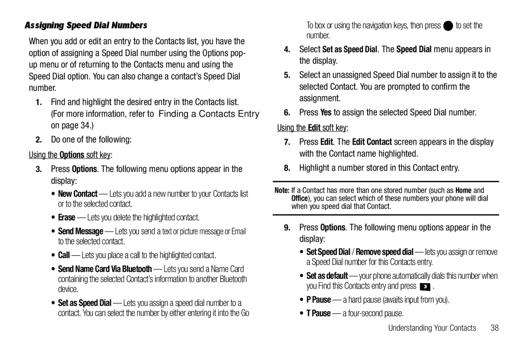 Samsung GH68-25523A user manual Assigning Speed Dial Numbers, Erase Lets you delete the highlighted contact 