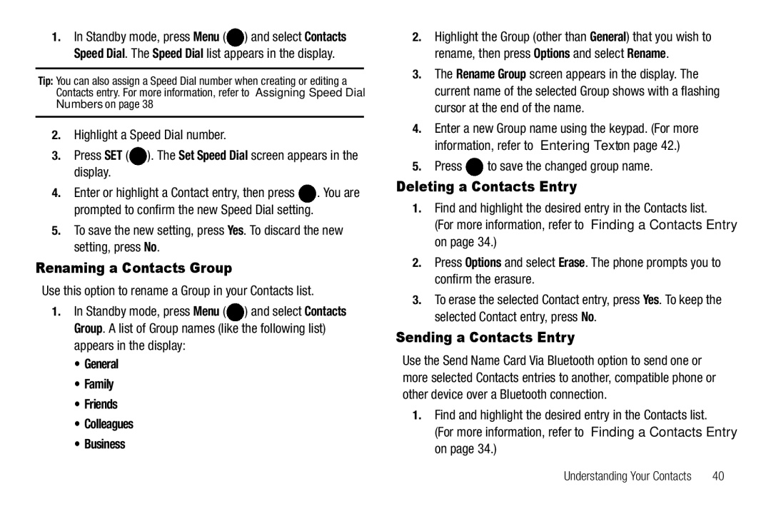 Samsung GH68-25523A user manual Renaming a Contacts Group, Deleting a Contacts Entry, Sending a Contacts Entry 