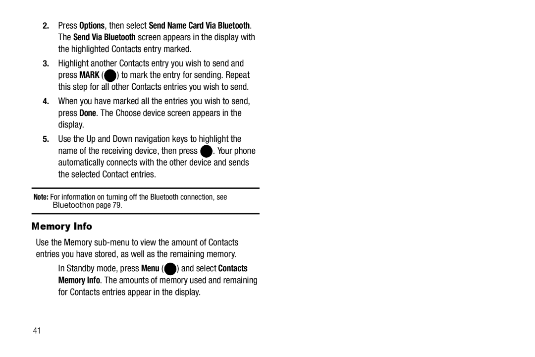 Samsung GH68-25523A user manual Memory Info, Highlight another Contacts entry you wish to send, Selected Contact entries 