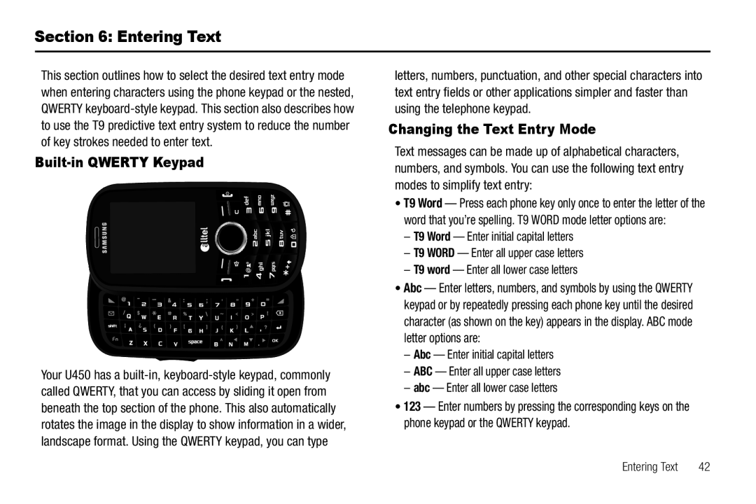 Samsung GH68-25523A user manual Entering Text, Built-in Qwerty Keypad, Changing the Text Entry Mode 