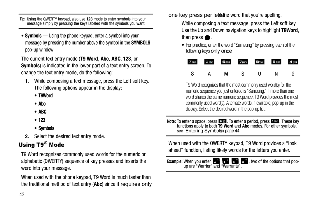 Samsung GH68-25523A user manual Using T9 Mode, T9Word Abc, Symbols, Select the desired text entry mode 