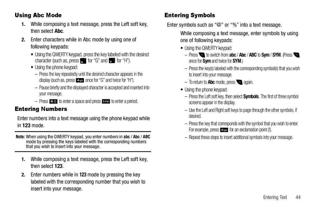 Samsung GH68-25523A Using Abc Mode, Entering Numbers, Entering Symbols, For example, press for an exclamation point 