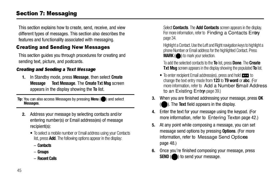 Samsung GH68-25523A user manual Messaging, Creating and Sending New Messages, Creating and Sending a Text Message 