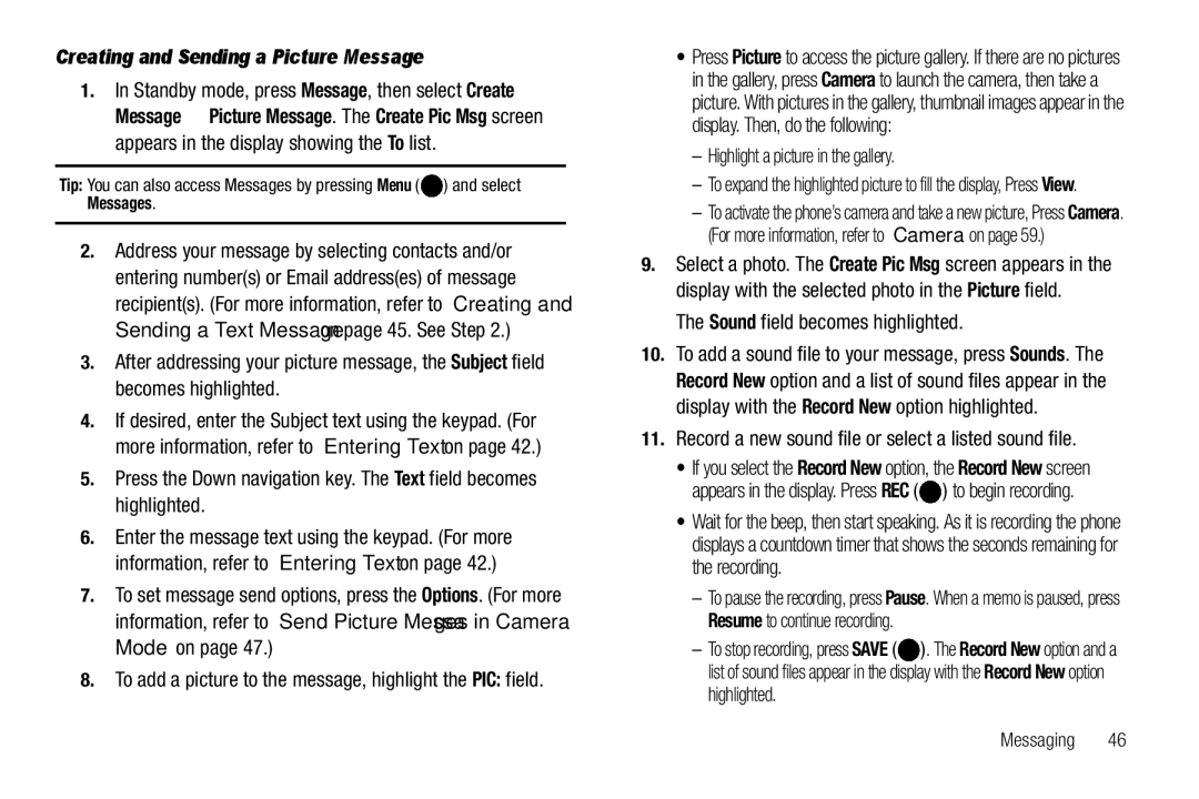 Samsung GH68-25523A user manual Creating and Sending a Picture Message, Highlight a picture in the gallery, Messaging 