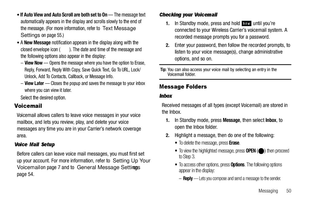 Samsung GH68-25523A user manual Message Folders, Voice Mail Setup, Checking your Voicemail, Inbox 