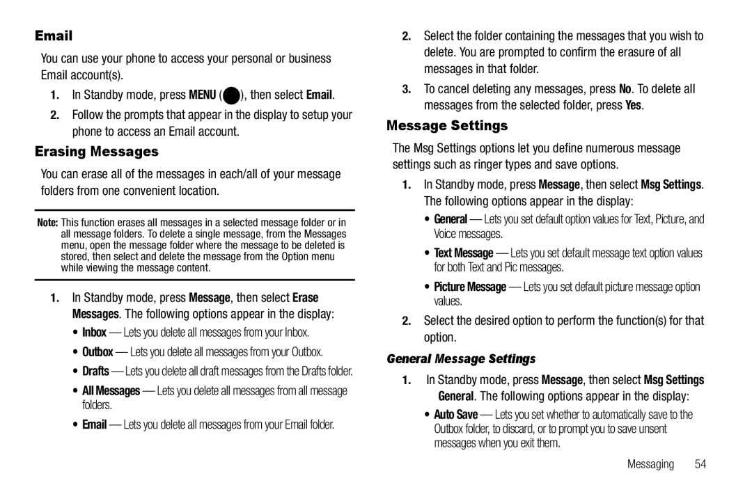 Samsung GH68-25523A Erasing Messages, General Message Settings, General. The following options appear in the display 