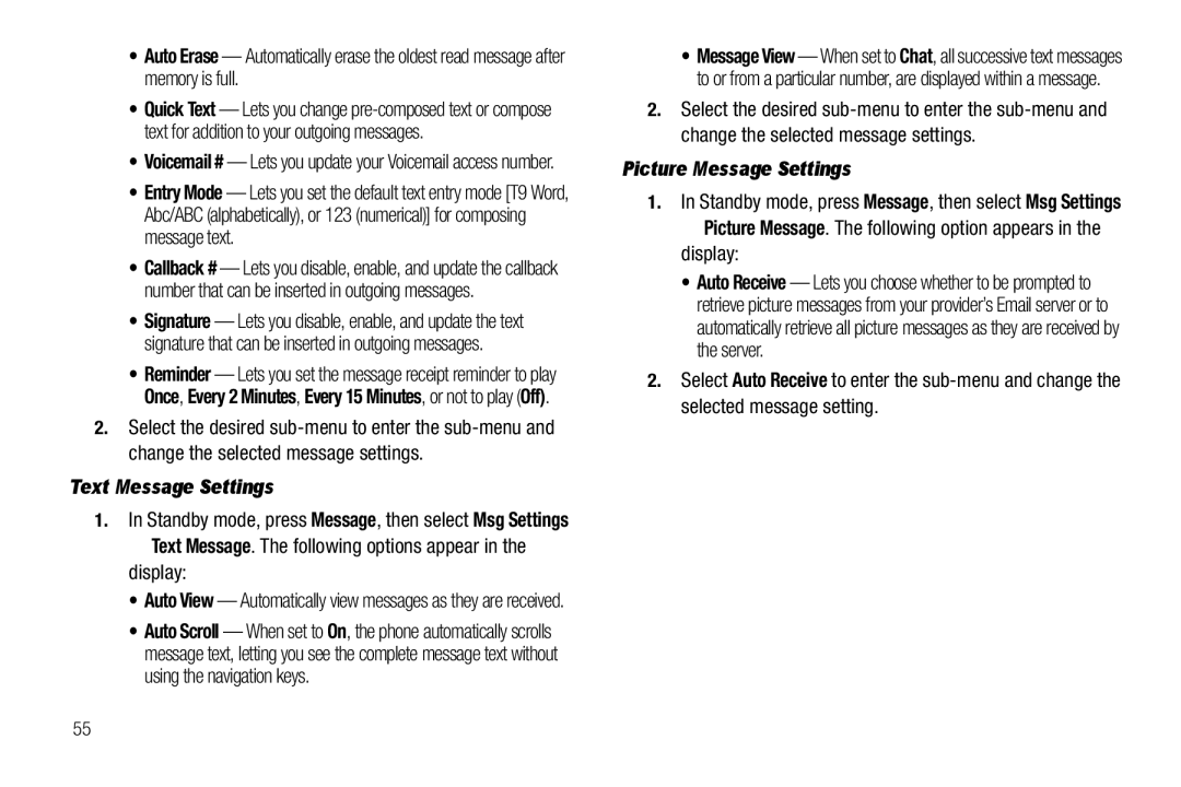 Samsung GH68-25523A user manual Text Message Settings, Picture Message Settings 