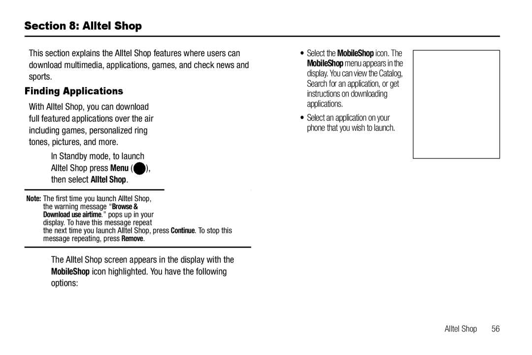 Samsung GH68-25523A user manual Alltel Shop, Finding Applications, Standby mode, to launch 