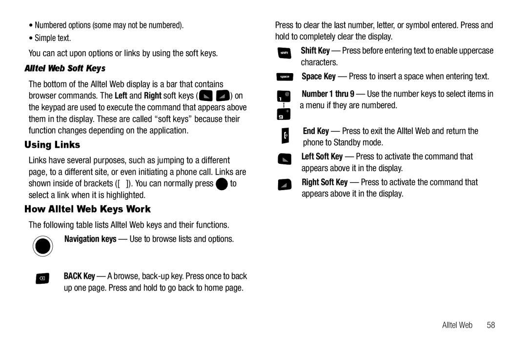 Samsung GH68-25523A user manual Using Links, How Alltel Web Keys Work, Alltel Web Soft Keys 