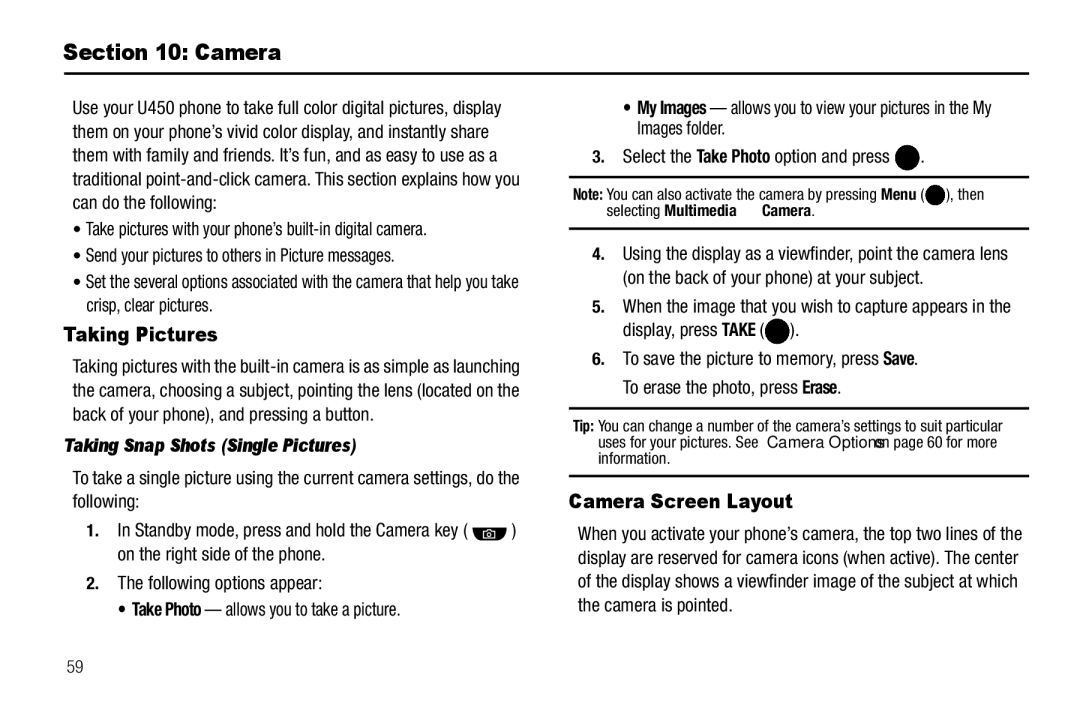 Samsung GH68-25523A user manual Taking Pictures, Camera Screen Layout, Taking Snap Shots Single Pictures 