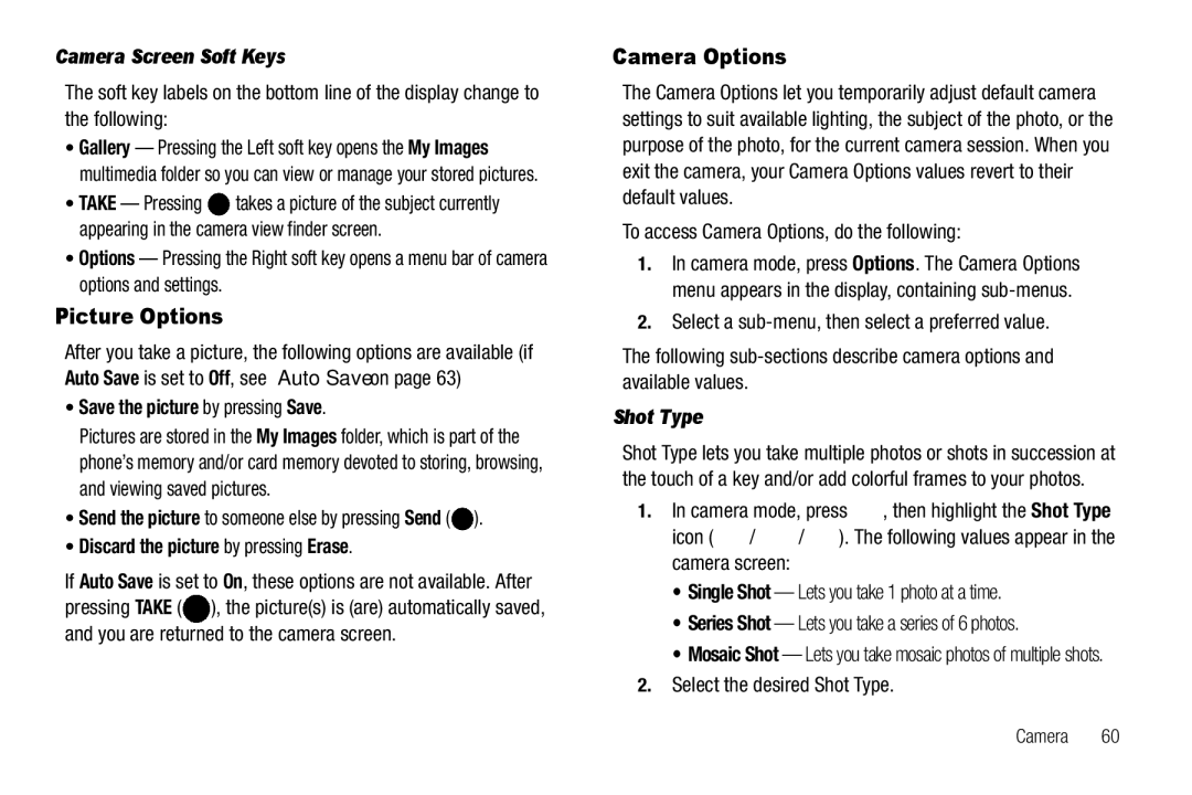 Samsung GH68-25523A user manual Picture Options, Camera Options, Camera Screen Soft Keys, Shot Type 