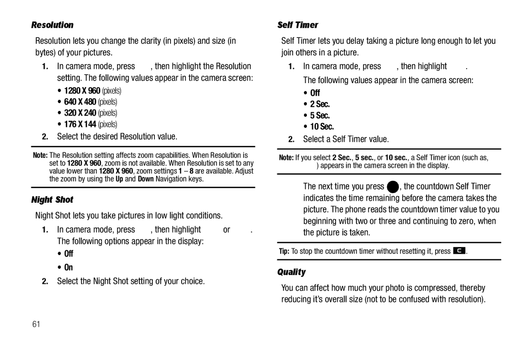 Samsung GH68-25523A user manual Resolution, Night Shot, Self Timer, Quality 