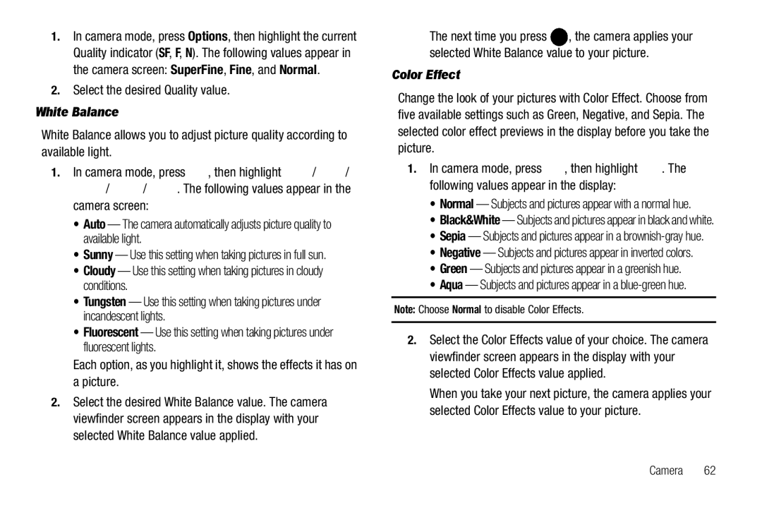 Samsung GH68-25523A user manual Select the desired Quality value, White Balance, Picture, Color Effect 