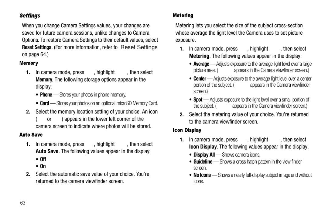 Samsung GH68-25523A user manual Settings, Display Phone Stores your photos in phone memory 