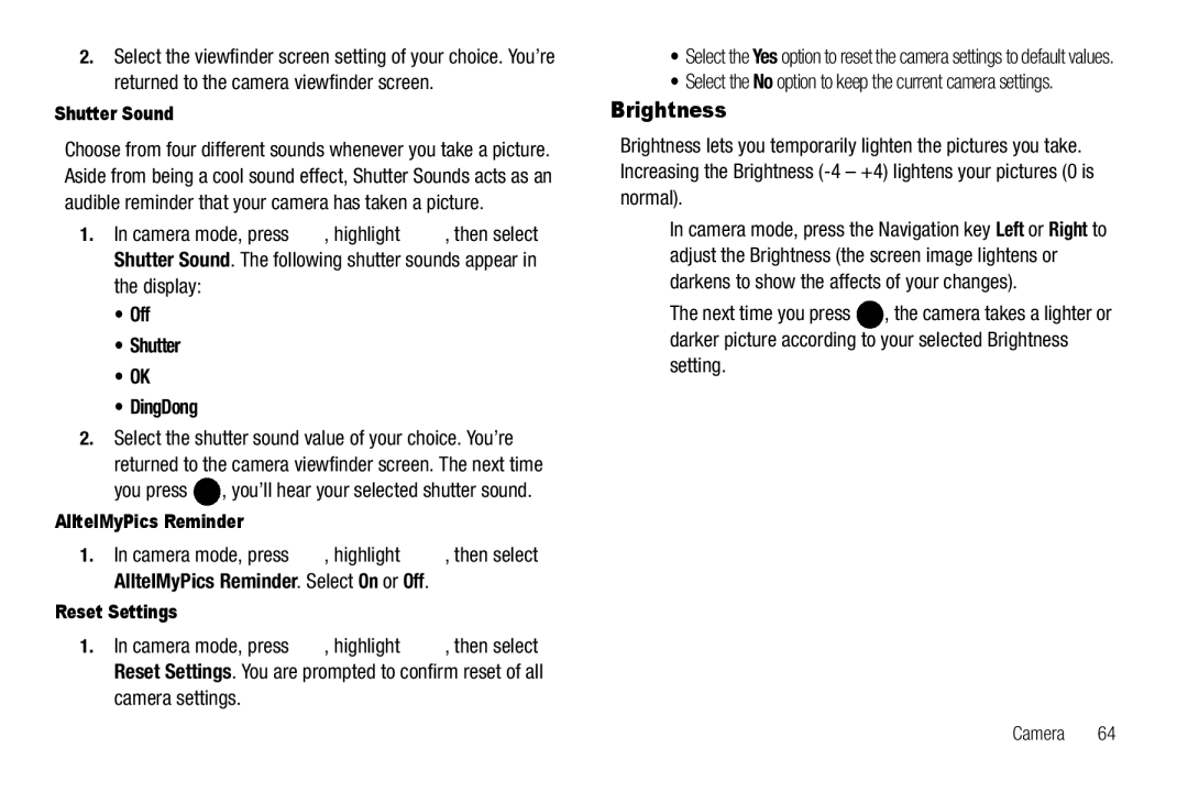 Samsung GH68-25523A user manual Brightness, Off Shutter DingDong, Camera settings, Setting, Shutter Sound 