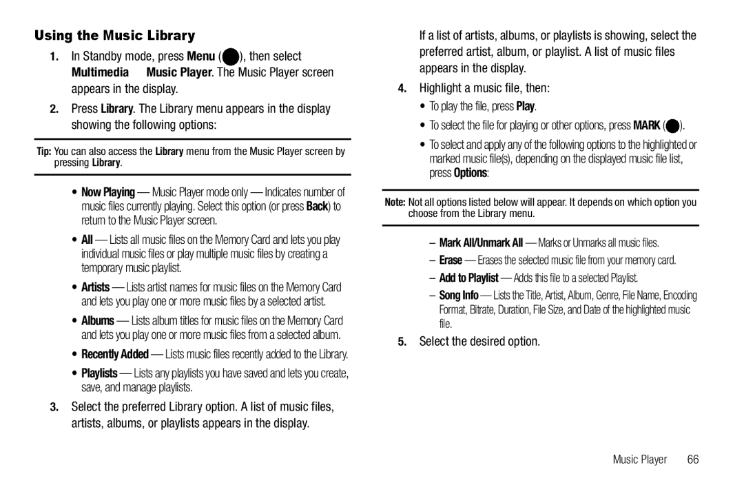 Samsung GH68-25523A user manual Using the Music Library, Highlight a music file, then To play the file, press Play 