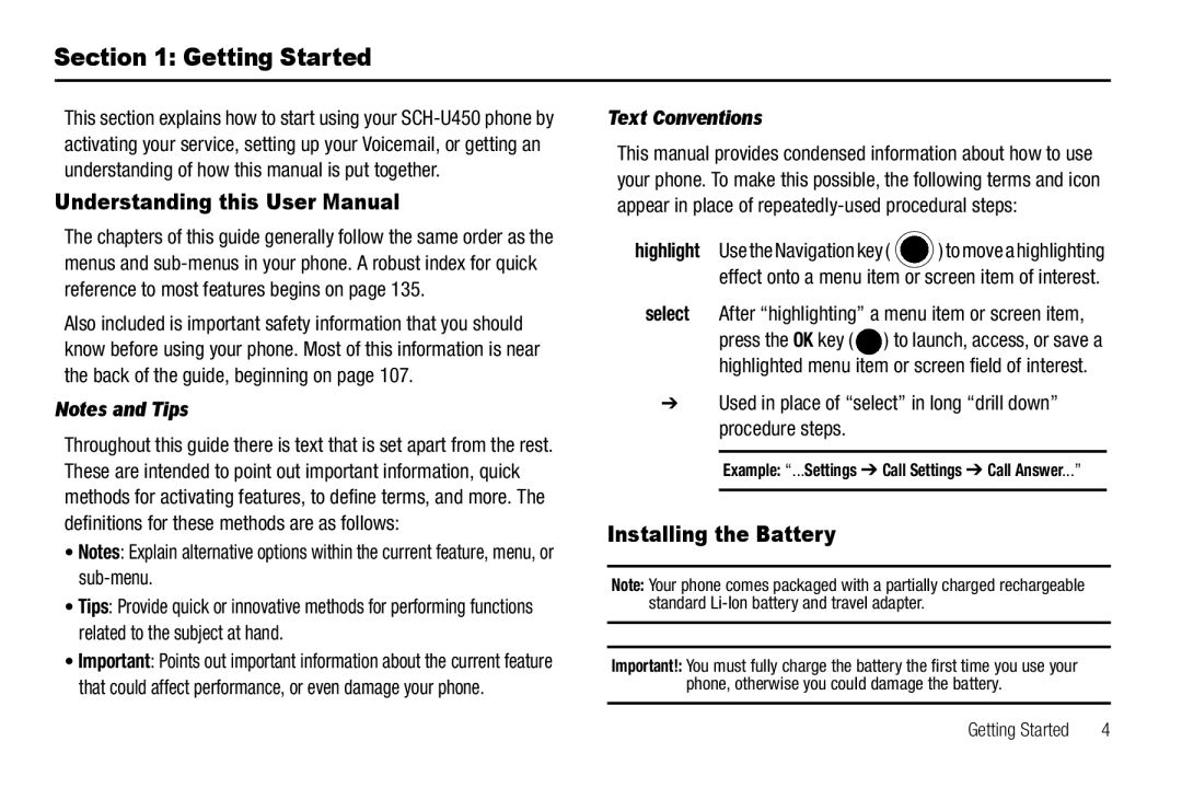 Samsung GH68-25523A user manual Getting Started, Installing the Battery, Text Conventions 