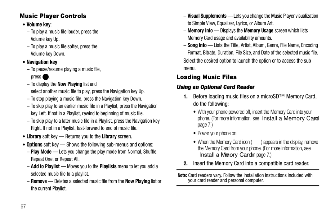Samsung GH68-25523A Music Player Controls, Loading Music Files, Volume key, Navigation key, Using an Optional Card Reader 