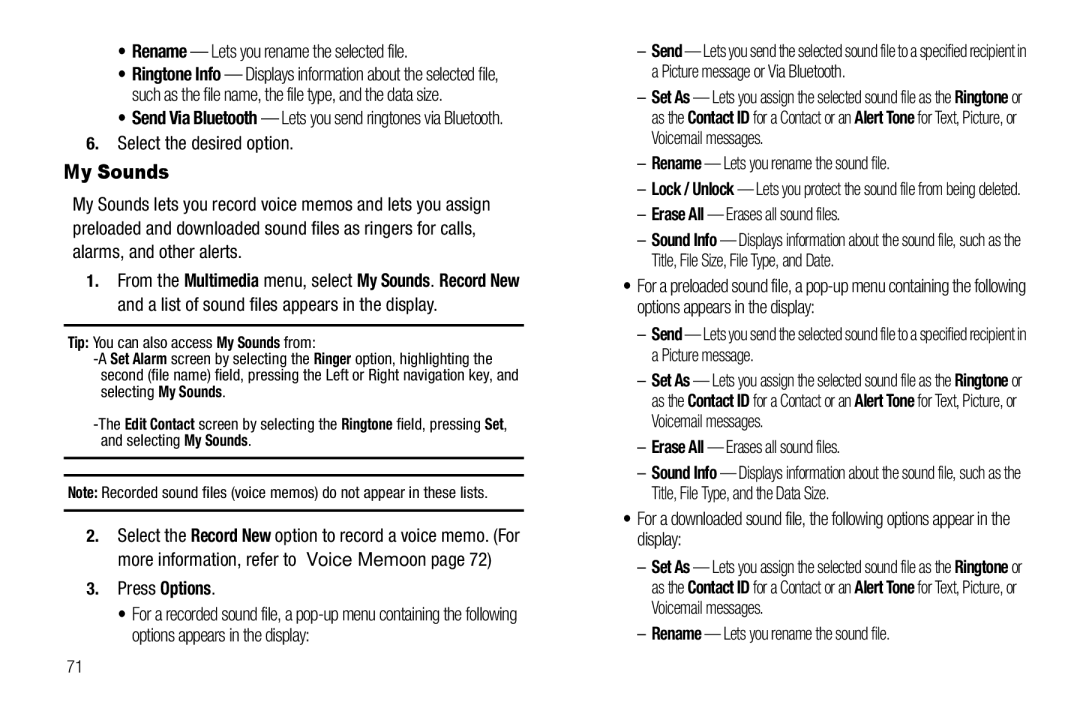 Samsung GH68-25523A user manual My Sounds, Rename Lets you rename the selected file, Rename Lets you rename the sound file 