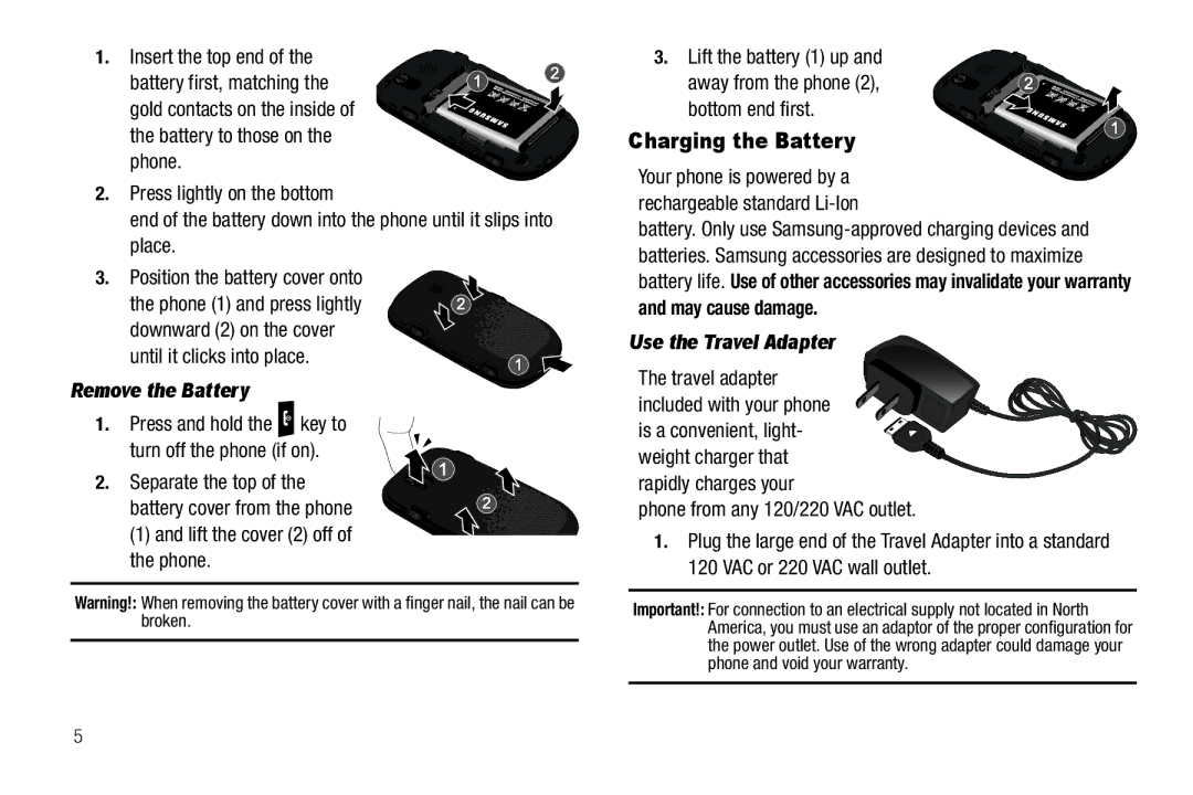 Samsung GH68-25523A user manual Charging the Battery, Remove the Battery, May cause damage, Use the Travel Adapter 