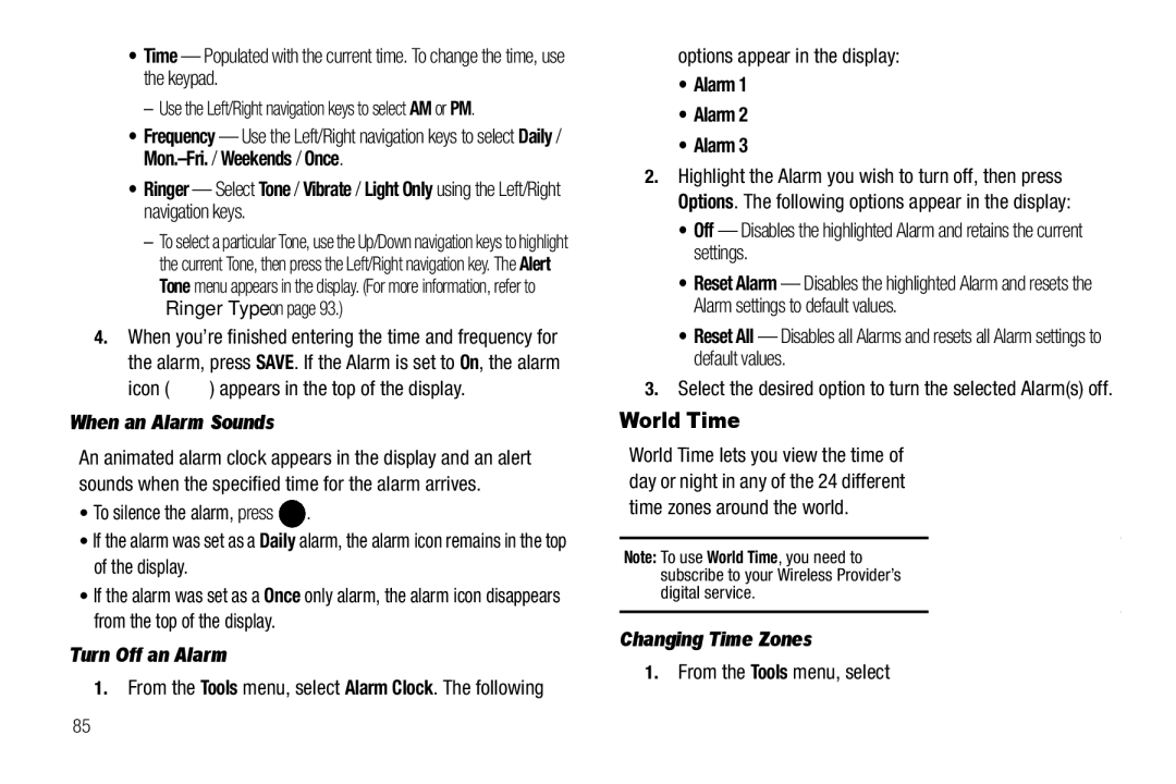 Samsung GH68-25523A user manual World Time, When an Alarm Sounds, Turn Off an Alarm, Changing Time Zones 