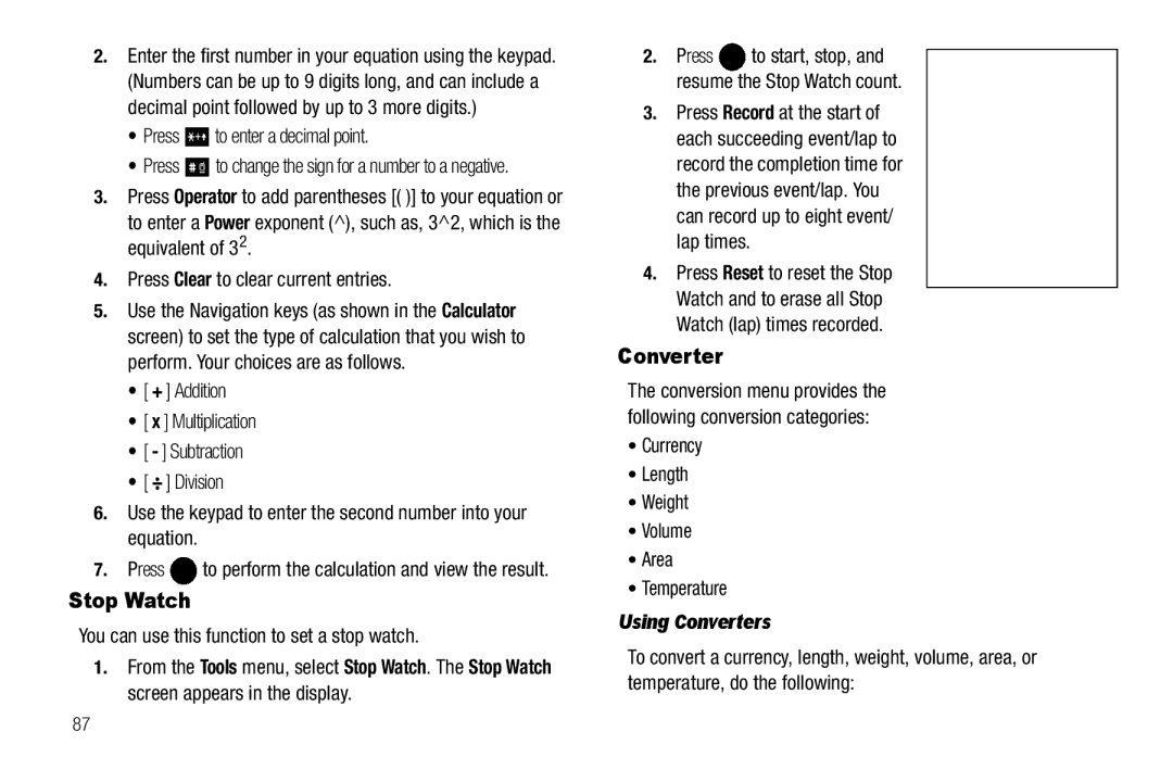 Samsung GH68-25523A user manual Stop Watch, Using Converters 