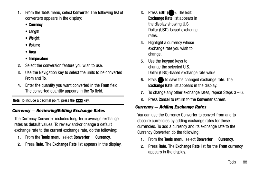 Samsung GH68-25523A user manual Currency Length Weight Volume Area Temperature, Currency Reviewing/Editing Exchange Rates 