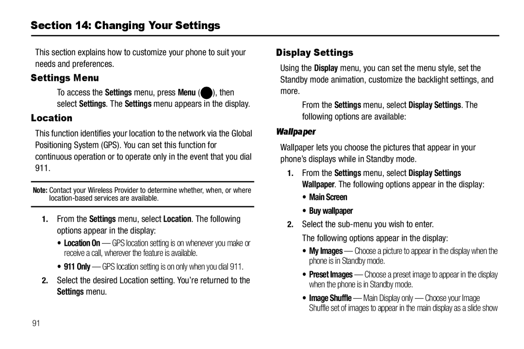 Samsung GH68-25523A user manual Changing Your Settings, Settings Menu, Location, Display Settings, Wallpaper 