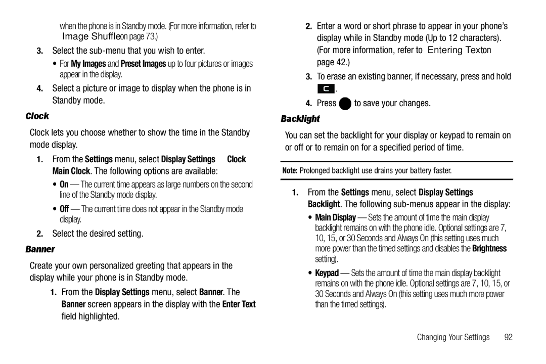 Samsung GH68-25523A user manual Select the sub-menu that you wish to enter, Clock, Banner, Backlight 