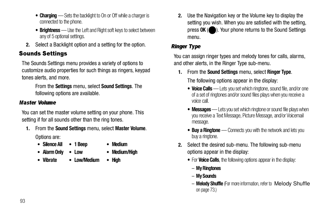 Samsung GH68-25523A user manual Sounds Settings, Master Volume, Beep Medium, Vibrate, Ringer Type 