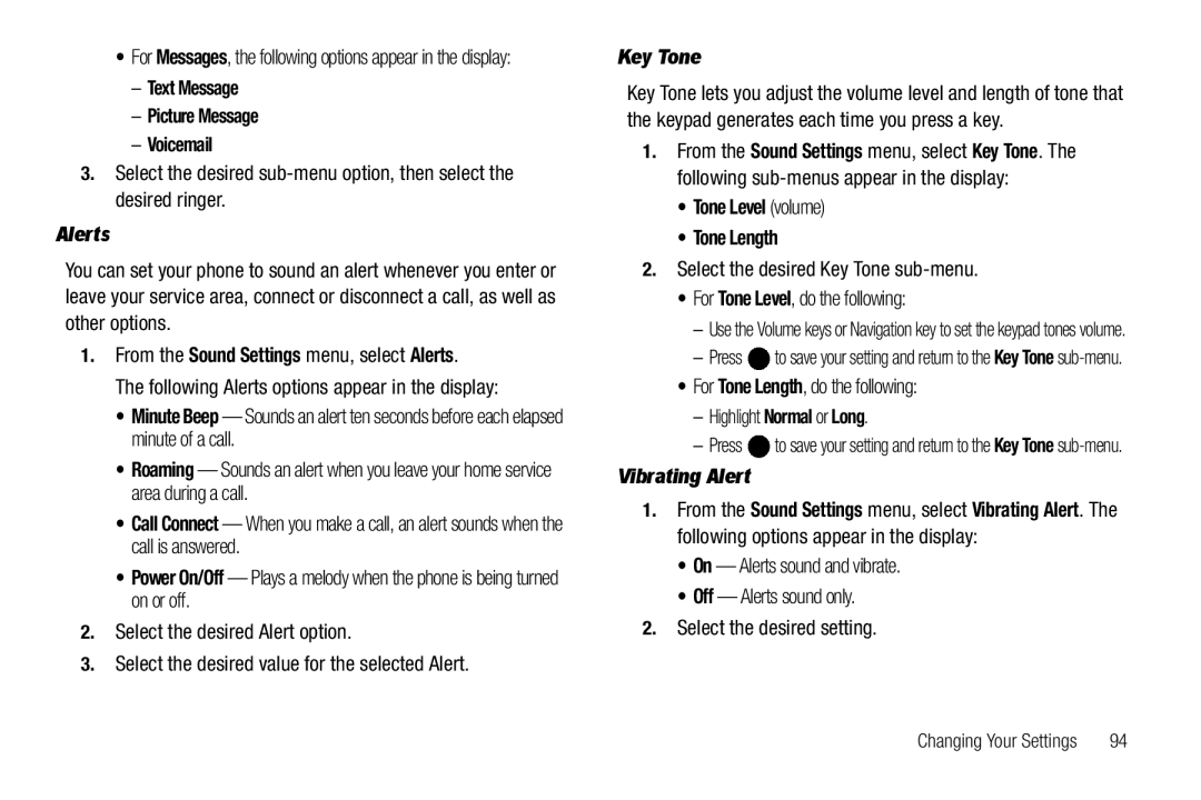 Samsung GH68-25523A user manual Text Message Picture Message Voicemail, Alerts, Key Tone, Tone Level volume Tone Length 