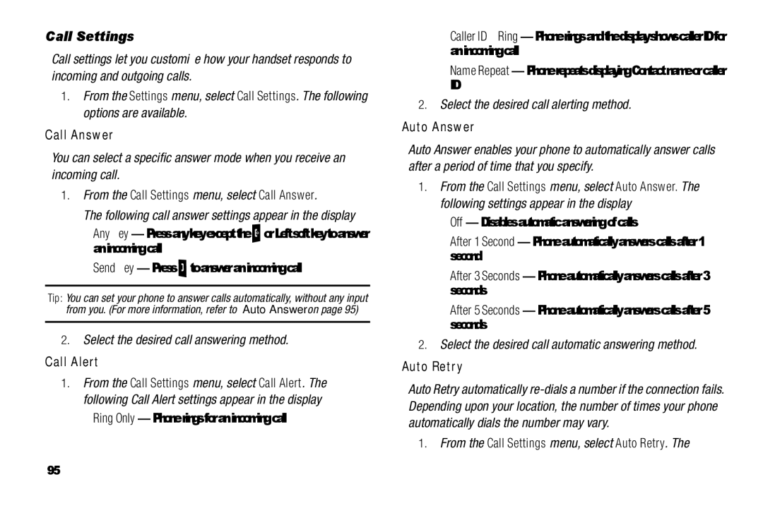 Samsung GH68-25523A user manual Call Settings, Call Answer, Call Alert, Auto Answer, Auto Retry 