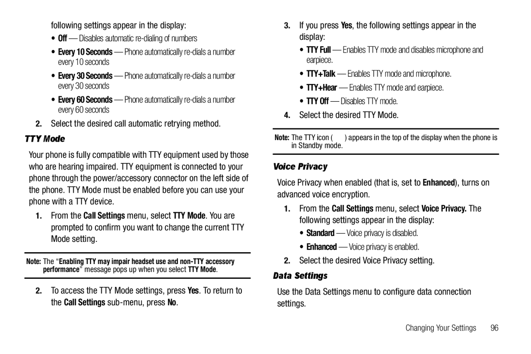 Samsung GH68-25523A user manual Select the desired call automatic retrying method, TTY Mode, Voice Privacy, Data Settings 