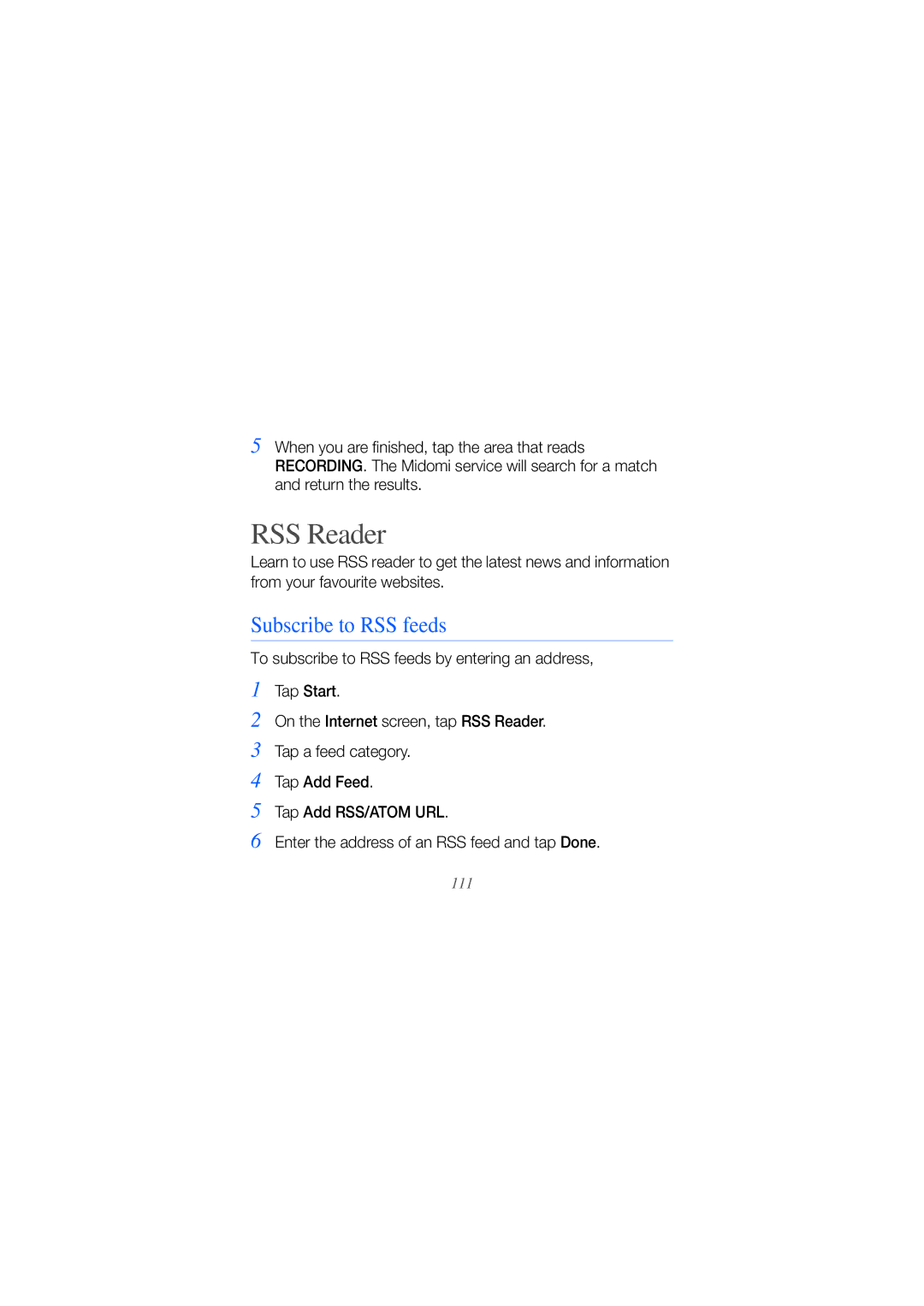 Samsung GH68-25554A manual RSS Reader, Subscribe to RSS feeds 